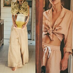 Two Dawson Rita Pant Sand Tan 100% Linen Wide Leg Drawstring Medium